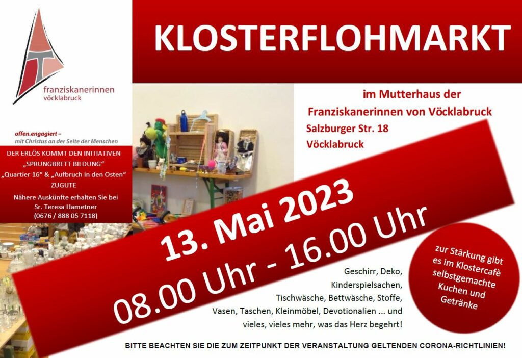 Am 13. Mai 2023 findet im Mutterhaus ein Klosterflohmarkt zugunsten der Initiativen 